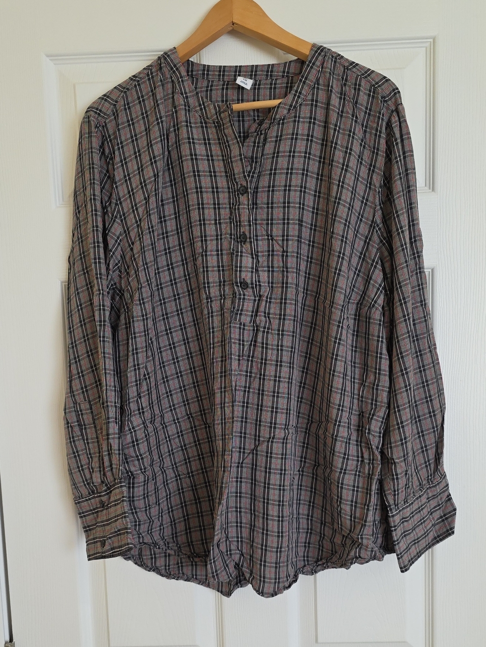 Women's Plaid Button Henley Shirt - Brown/Black